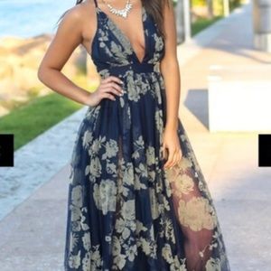 LUXXEL tulle floral maxi dress, low V - high slit